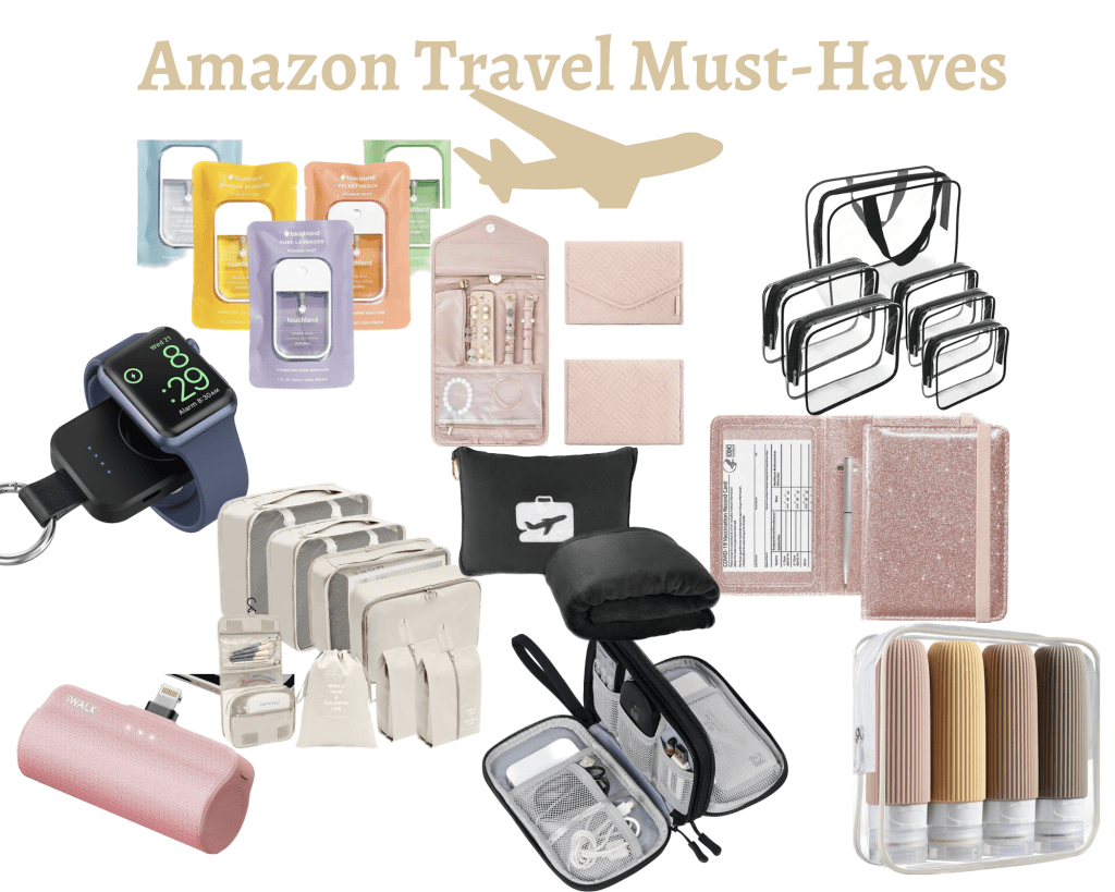 Travel products that you need from Amazon. Touchland sanitizer mist, Jewelry travel organizer, clear bags for Toiletries, Passport and vaccine card holder, Apple Watch travel charger, Phone travel charger, Cord organizer, Packing cubes, Airplane pillow and blanket, Neutral toned travel size liquid holder